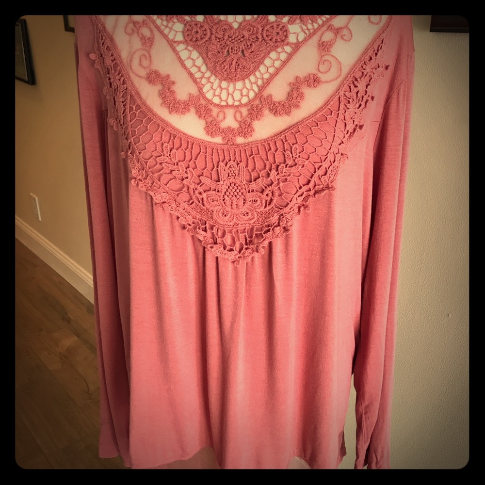3 for $15 Long sleeve pink lace trim top